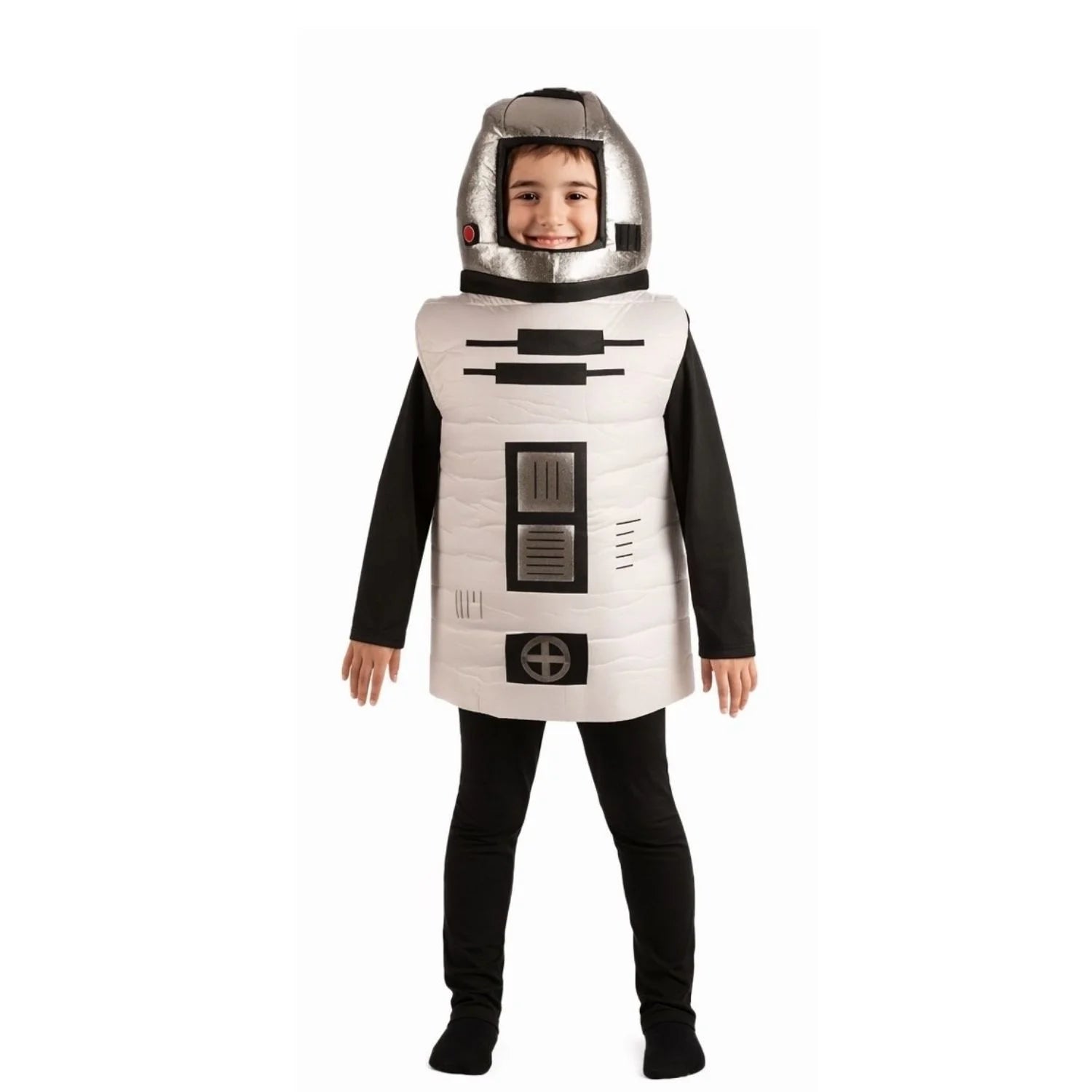 Niño con disfraz de robot infantil plateado con cabeza integrada