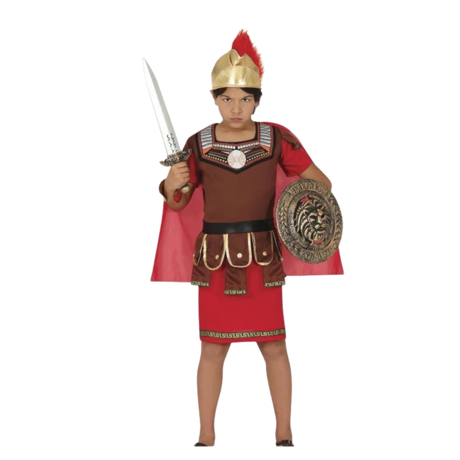 Disfraz romano niño con capa casaca y gorro para Carnaval