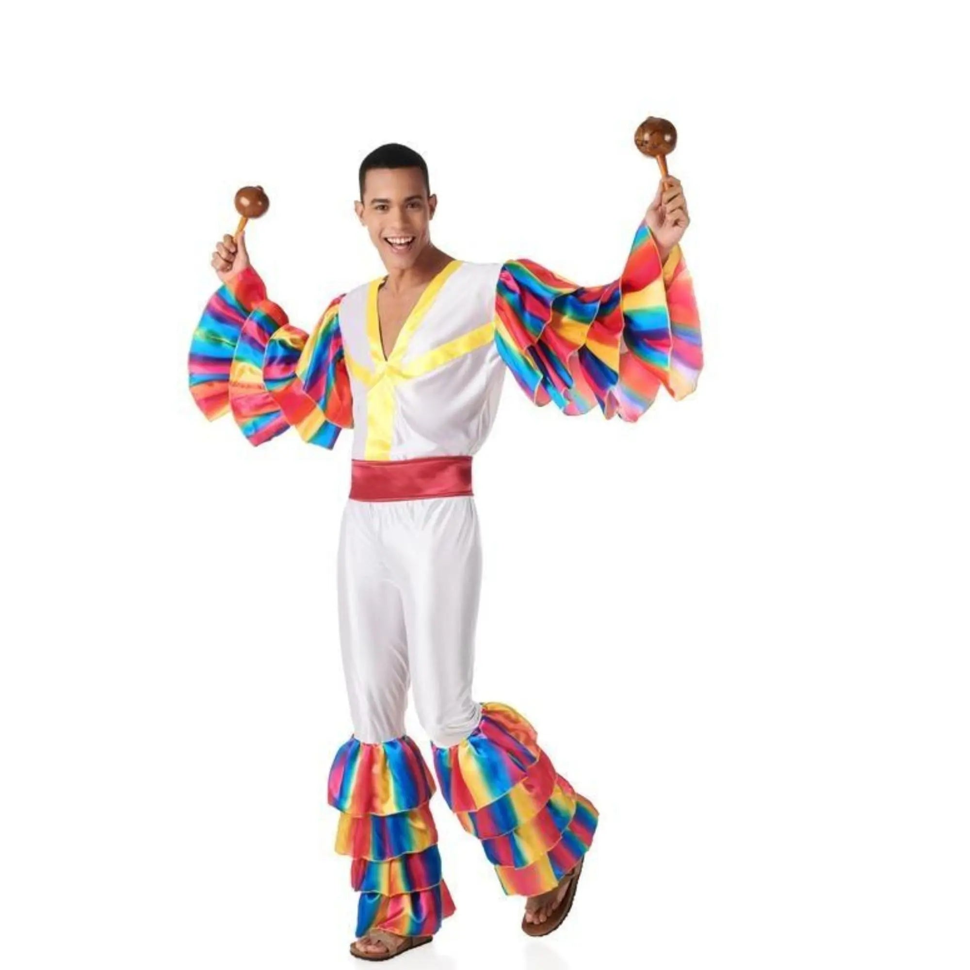 Disfraz de rumbero blanco para hombre con camisa y pantalón con volantes