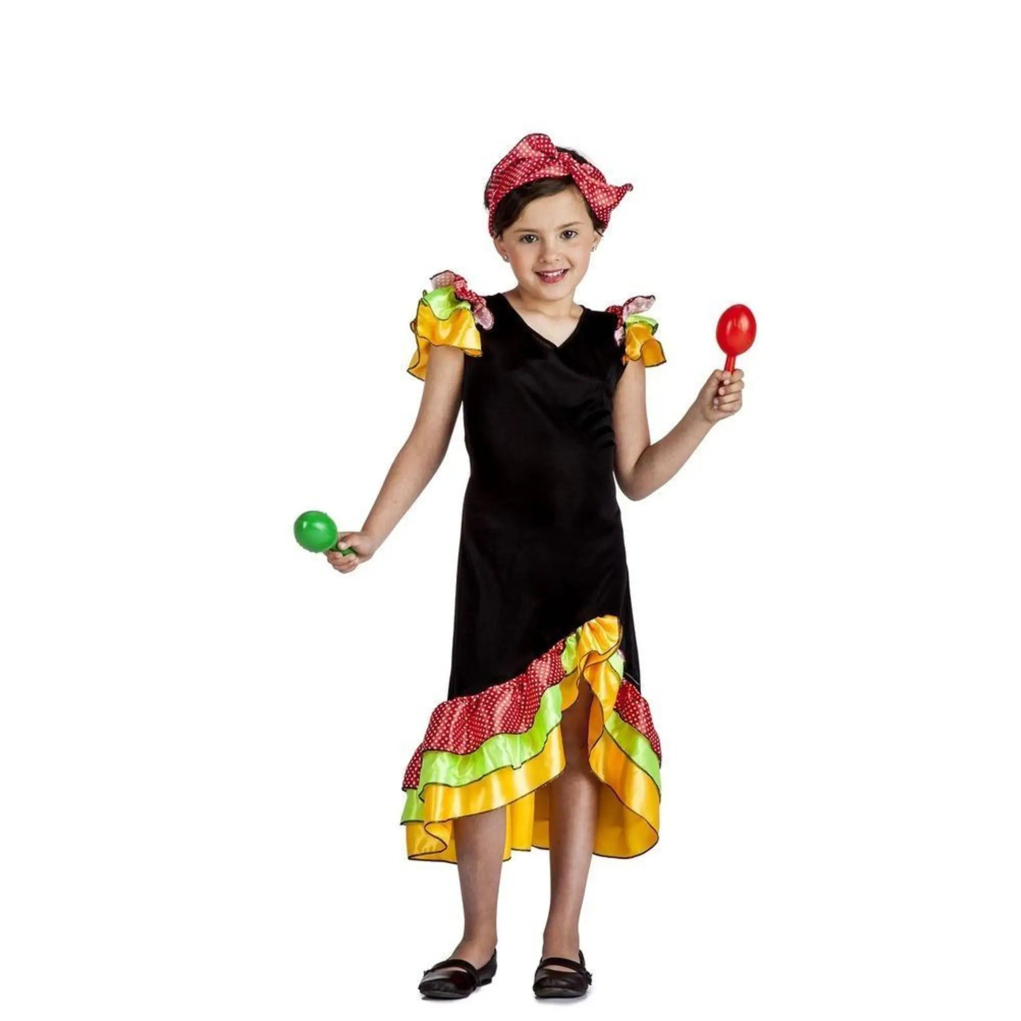 Disfraz de rumbera infantil con vestido colorido y bandana para carnaval