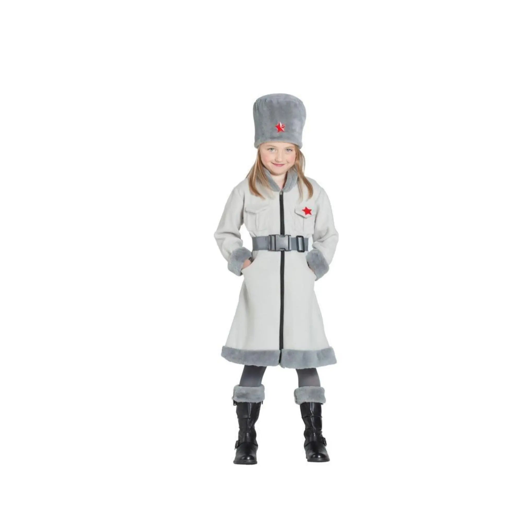 Disfraz de espía rusa para niña con gorro abrigo cinturón y cubrebotas ideal para Carnaval