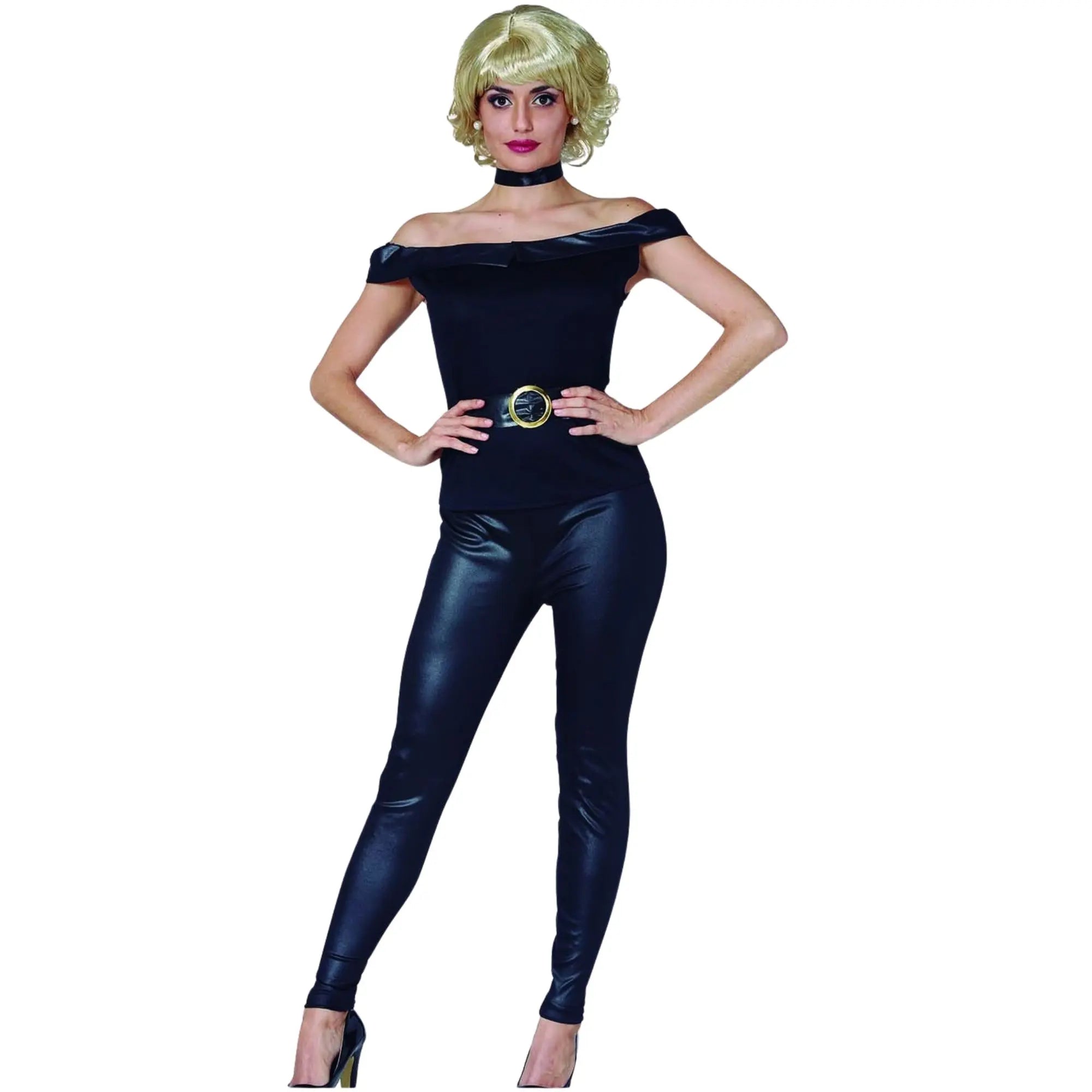 Disfraz de Sandy de Grease para mujer con pantalón negro, top y cinturón estilo años 50 retro rockero