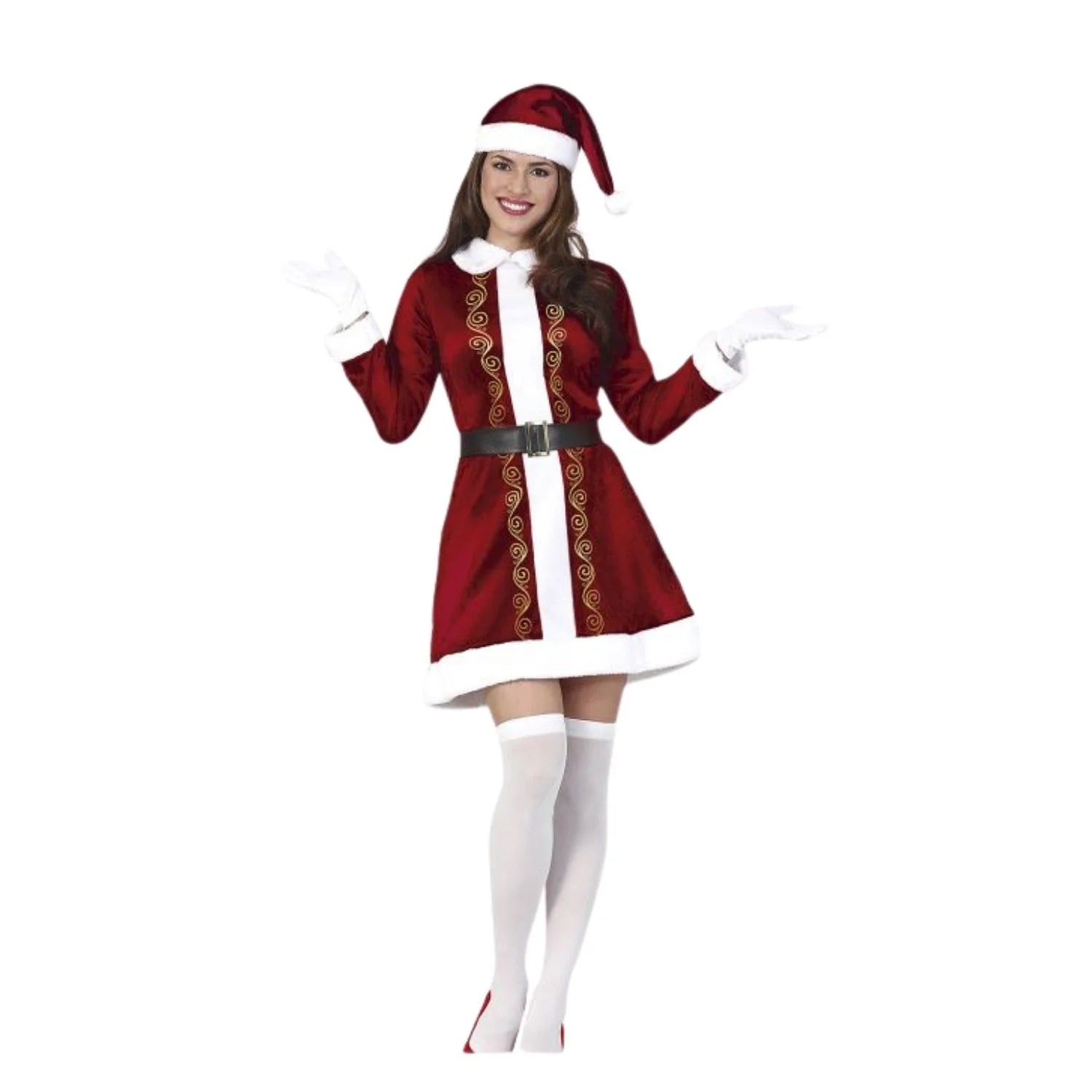 Disfraz de Santa Claus mujer con vestido rojo, cinturón y gorro navideño