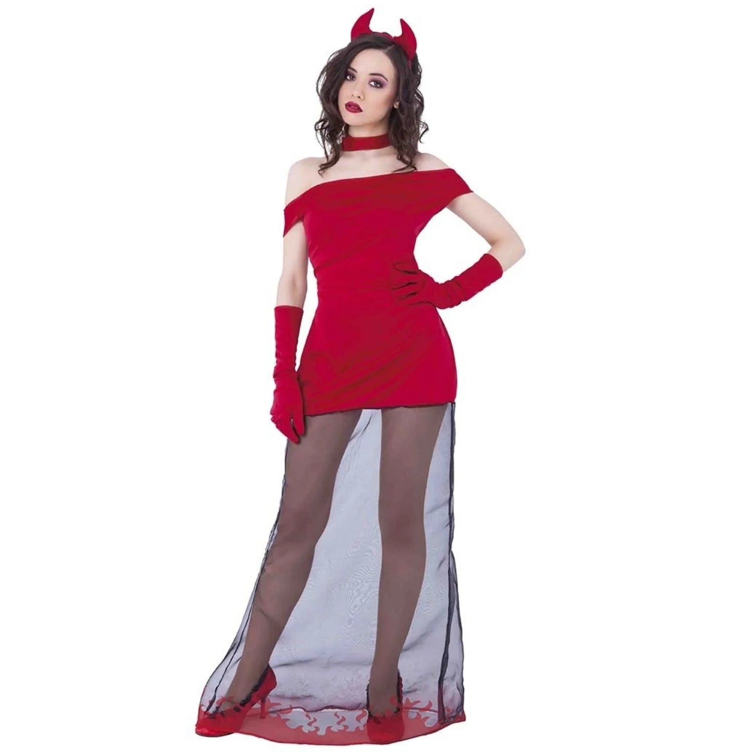 Disfraz Satanasa adulto con vestido rojo y cuernos