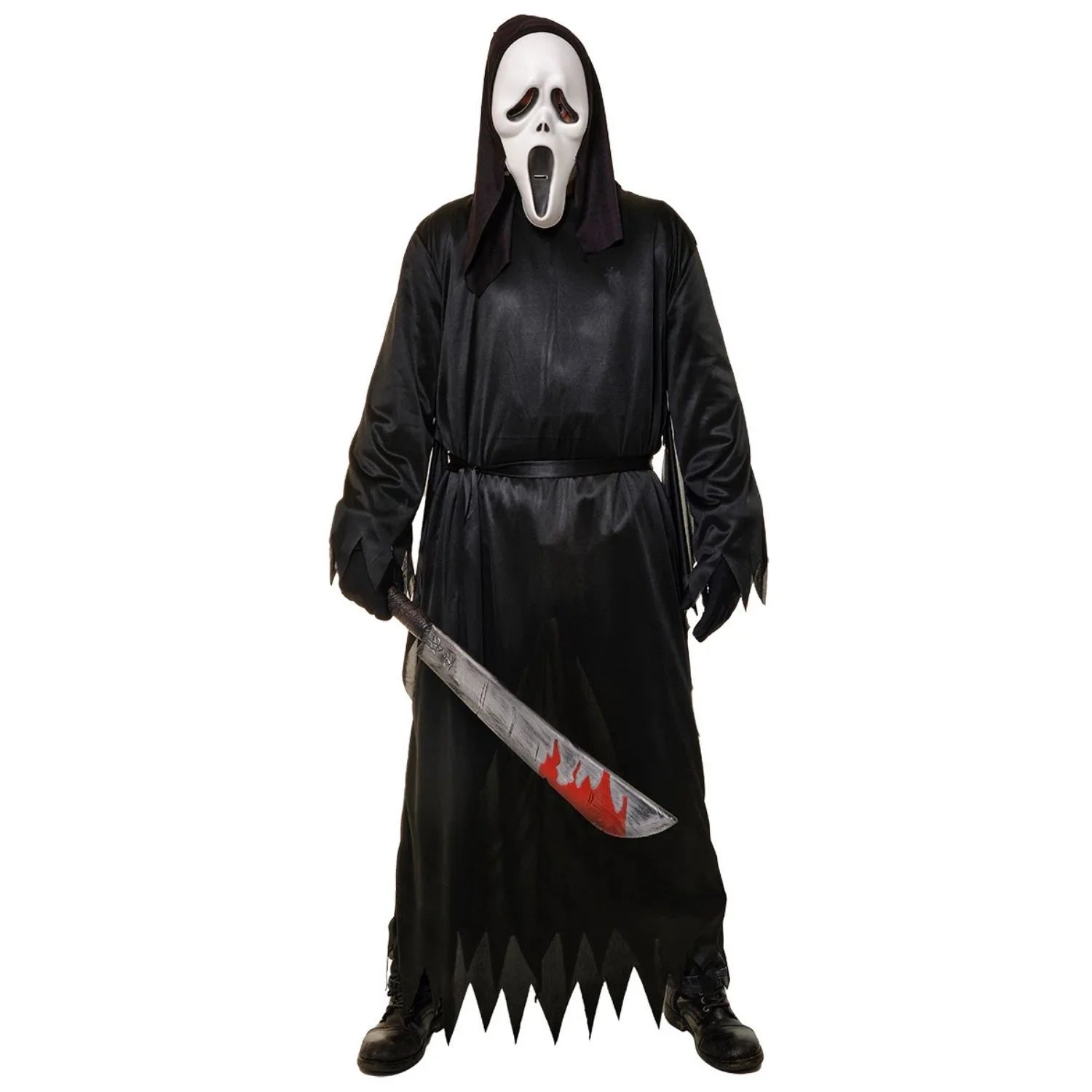 Adulto con disfraz Scream negro con máscara blanca de terror para Halloween