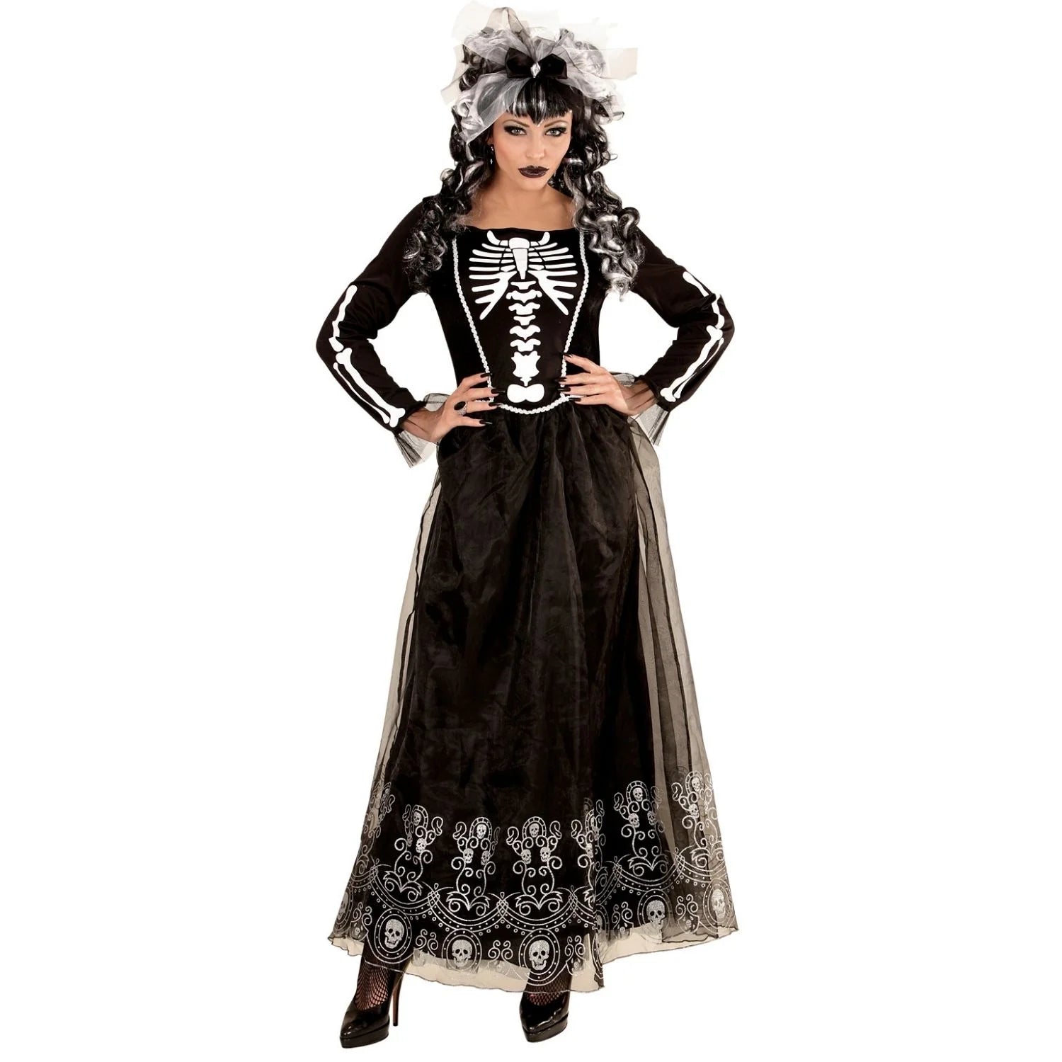 Disfraz Skeletria adulto con vestido negro de esqueleto y tocado para Halloween
