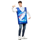 Hombre con disfraz Smint azul inspirado en paquete de caramelos de menta