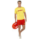 Disfraz de socorrista de la playa para chico con camiseta amarilla y pantalón rojo