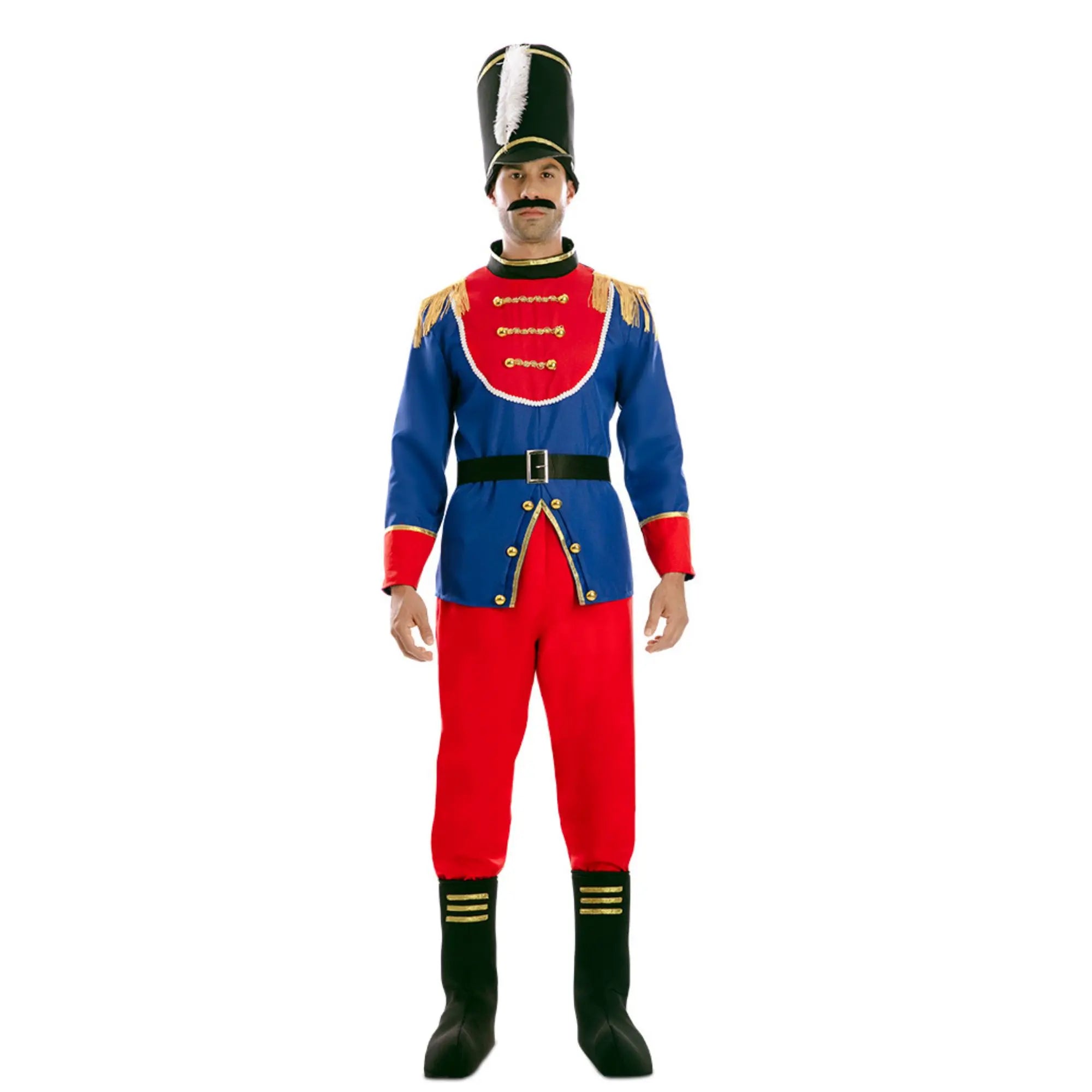 Disfraz de soldadito para hombre con chaqueta azul, pantalón rojo y sombrero ideal para Carnaval y fiestas temáticas