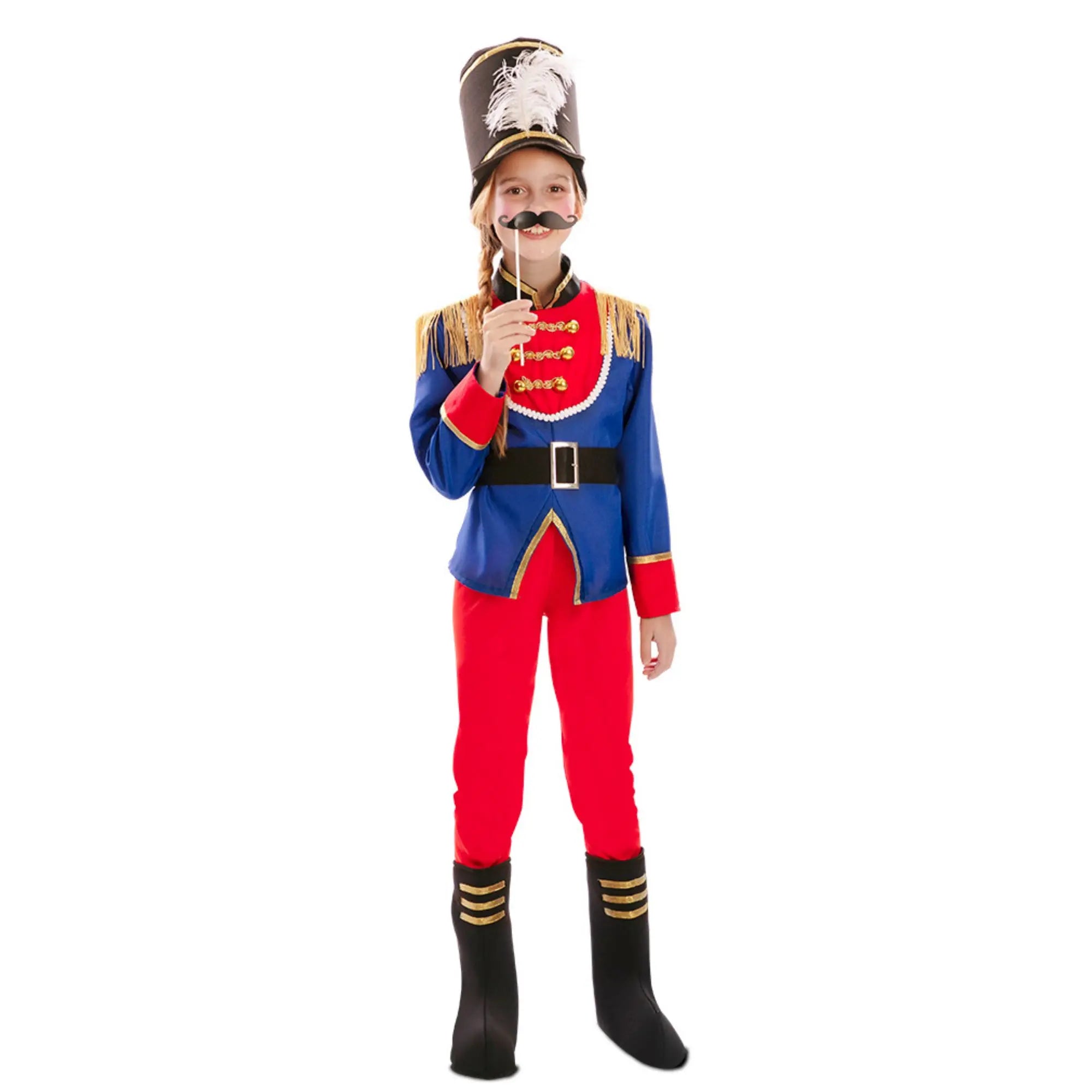Disfraz de soldadito para niña con chaqueta azul, pantalón rojo y sombrero ideal para Carnaval y fiestas escolares