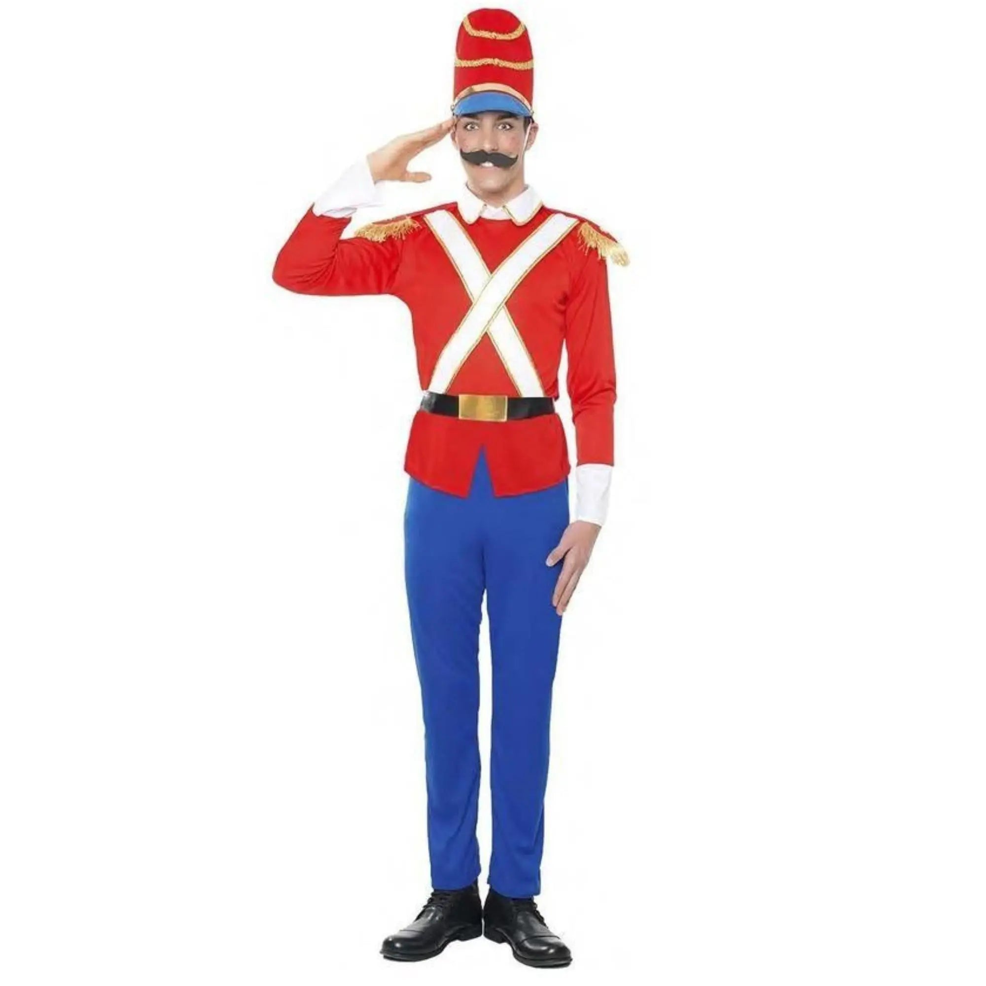 Disfraz de soldadito de plomo para adulto con camisa roja, tirantes, pantalón y sombrero clásico de cuento
