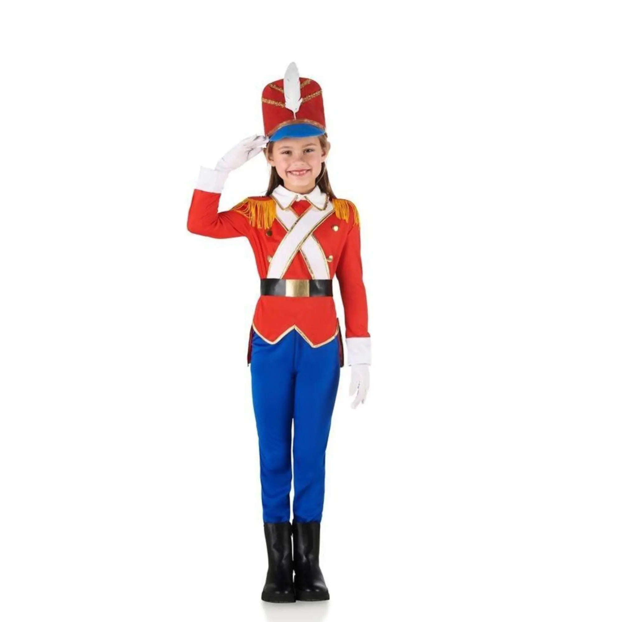 Disfraz de Soldadito de Plomo para niña con camisa roja, cinturones de hombro, pantalón y gorro estilo militar clásico