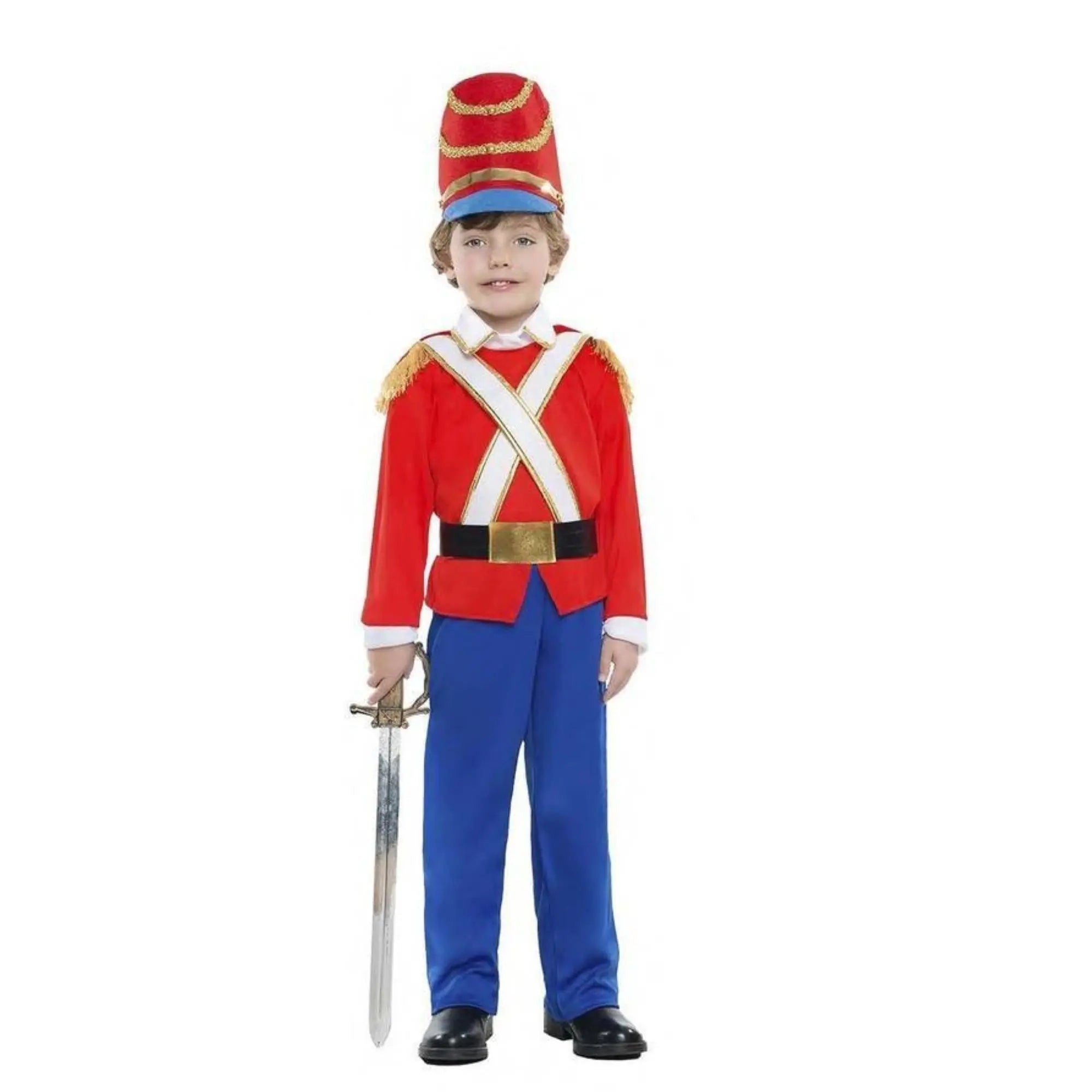 Disfraz de Soldadito de Plomo infantil con camisa tirantes pantalón cinturón y sombrero clásico de cuento