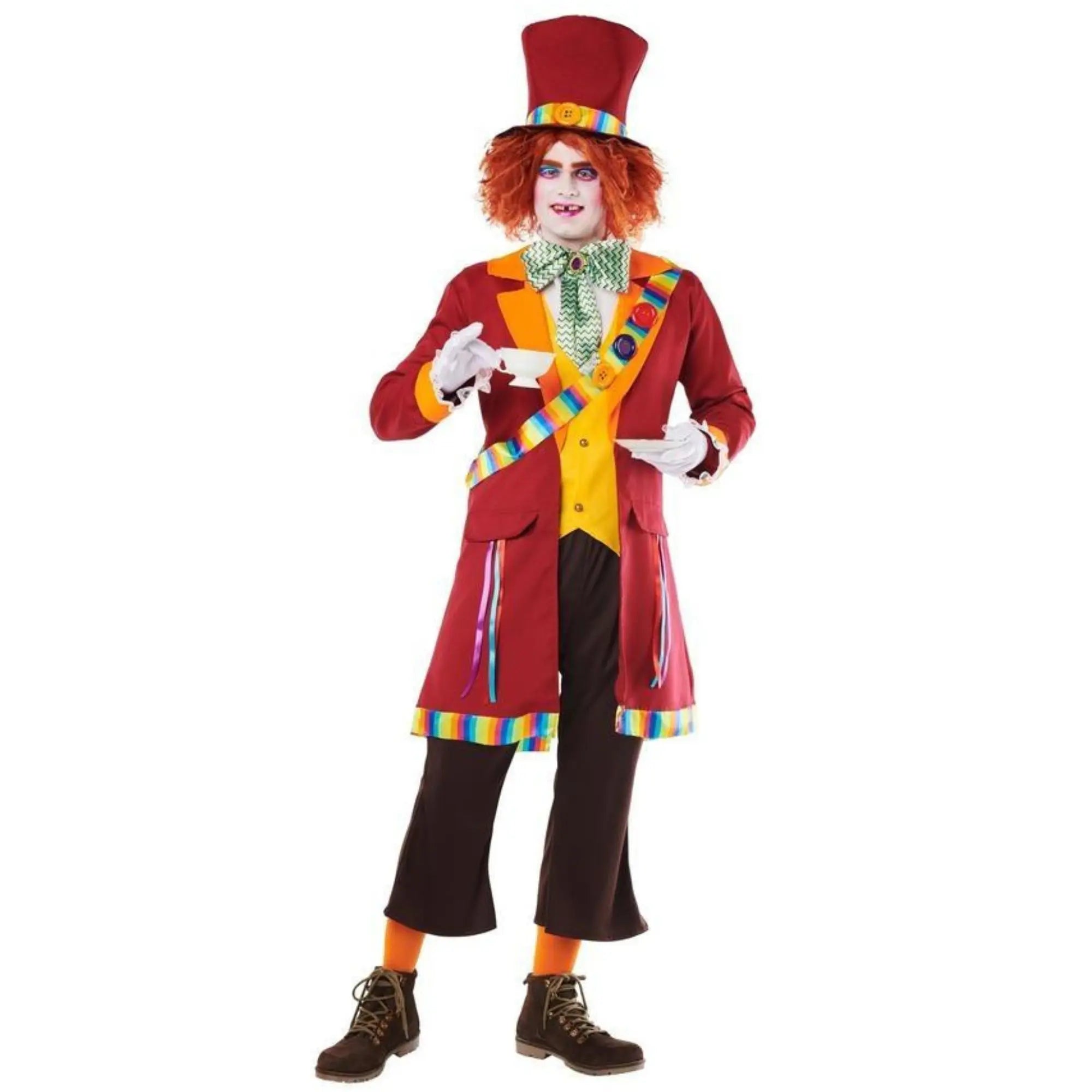 Disfraz de Sombrerero para hombre con chaqueta llamativa, sombrero alto y conjunto completo inspirado en cuentos para Carnaval