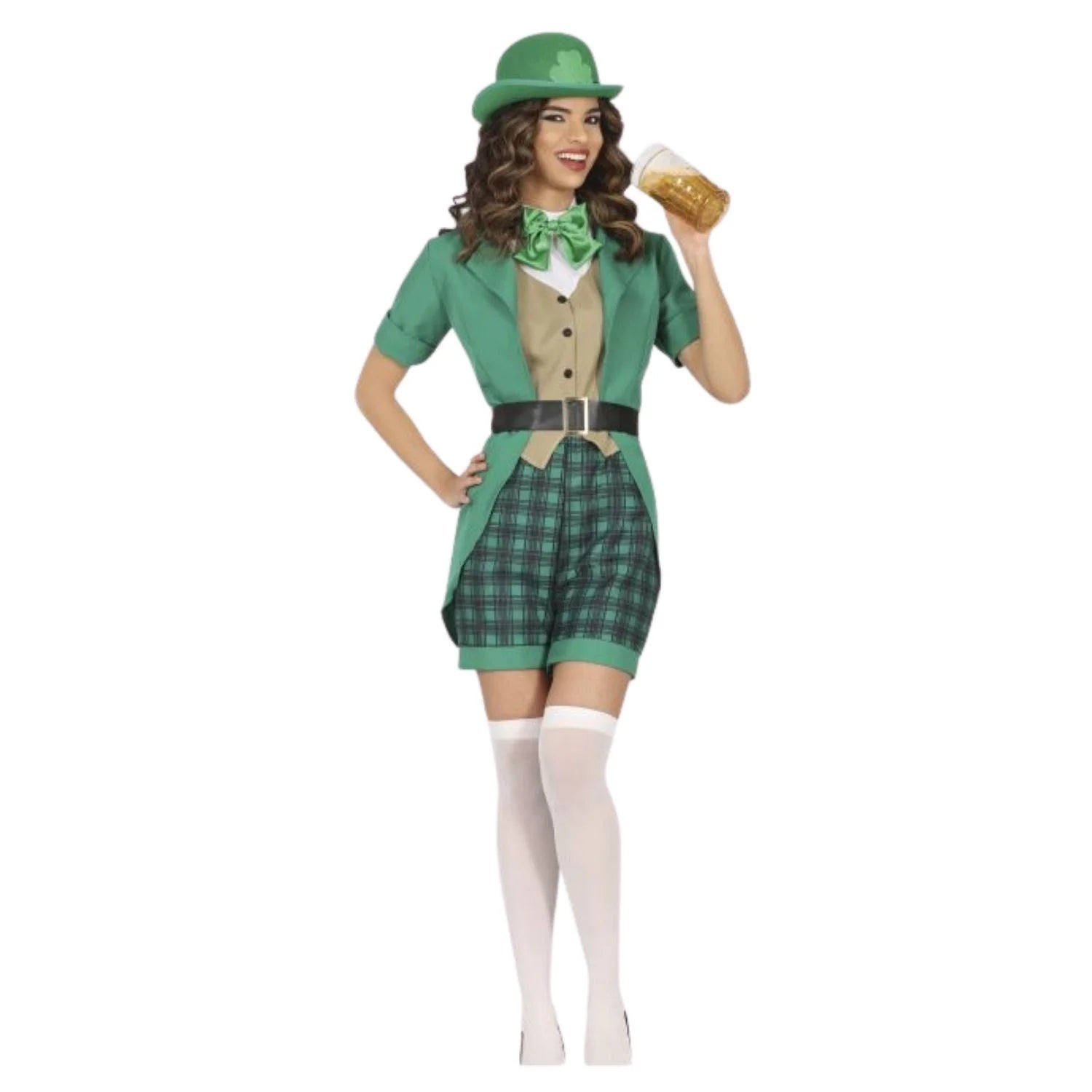 Disfraz de St. Patrick para mujer con chaqueta verde, chaleco, camisa, pantalón corto y pajarita