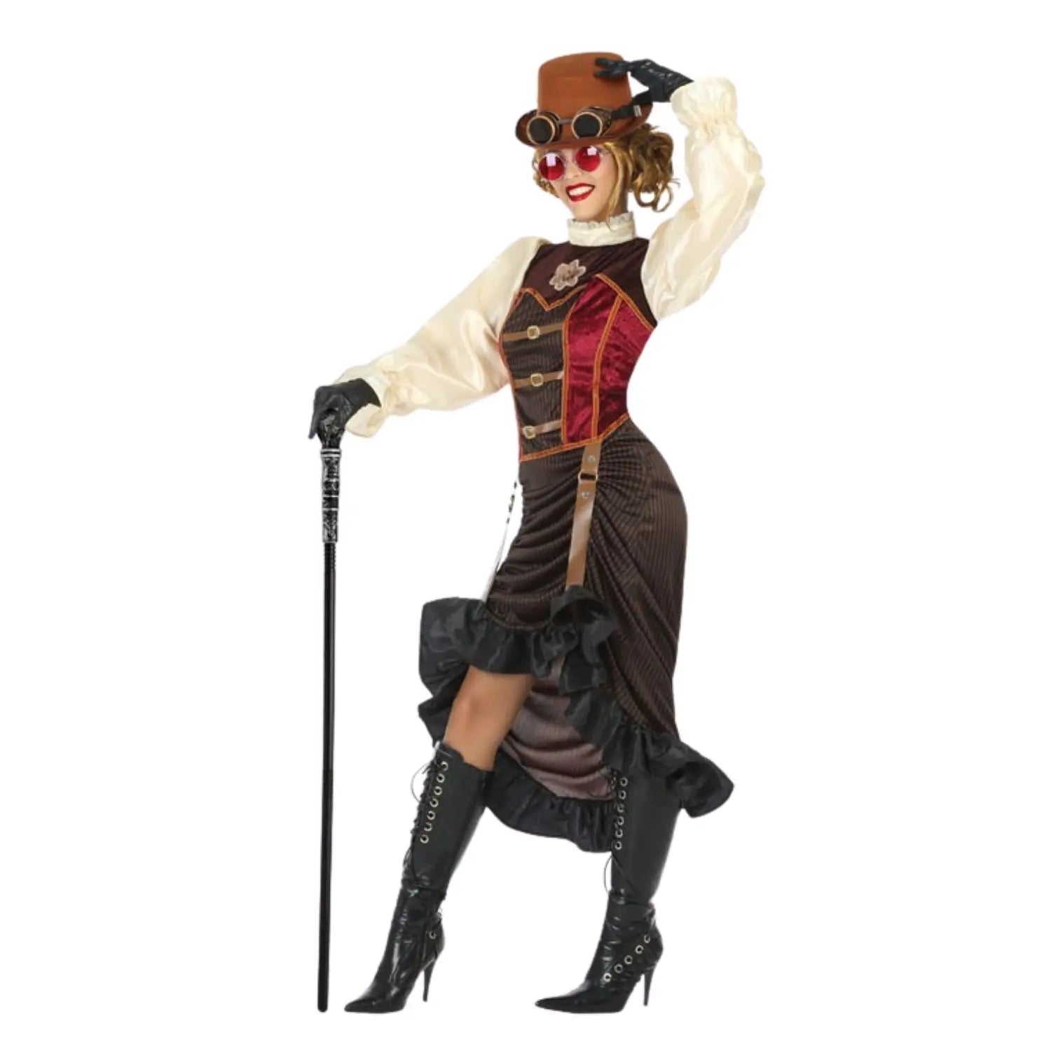 Mujer con disfraz Steampunk compuesto por vestido de estilo victoriano con inspiración retrofuturista.