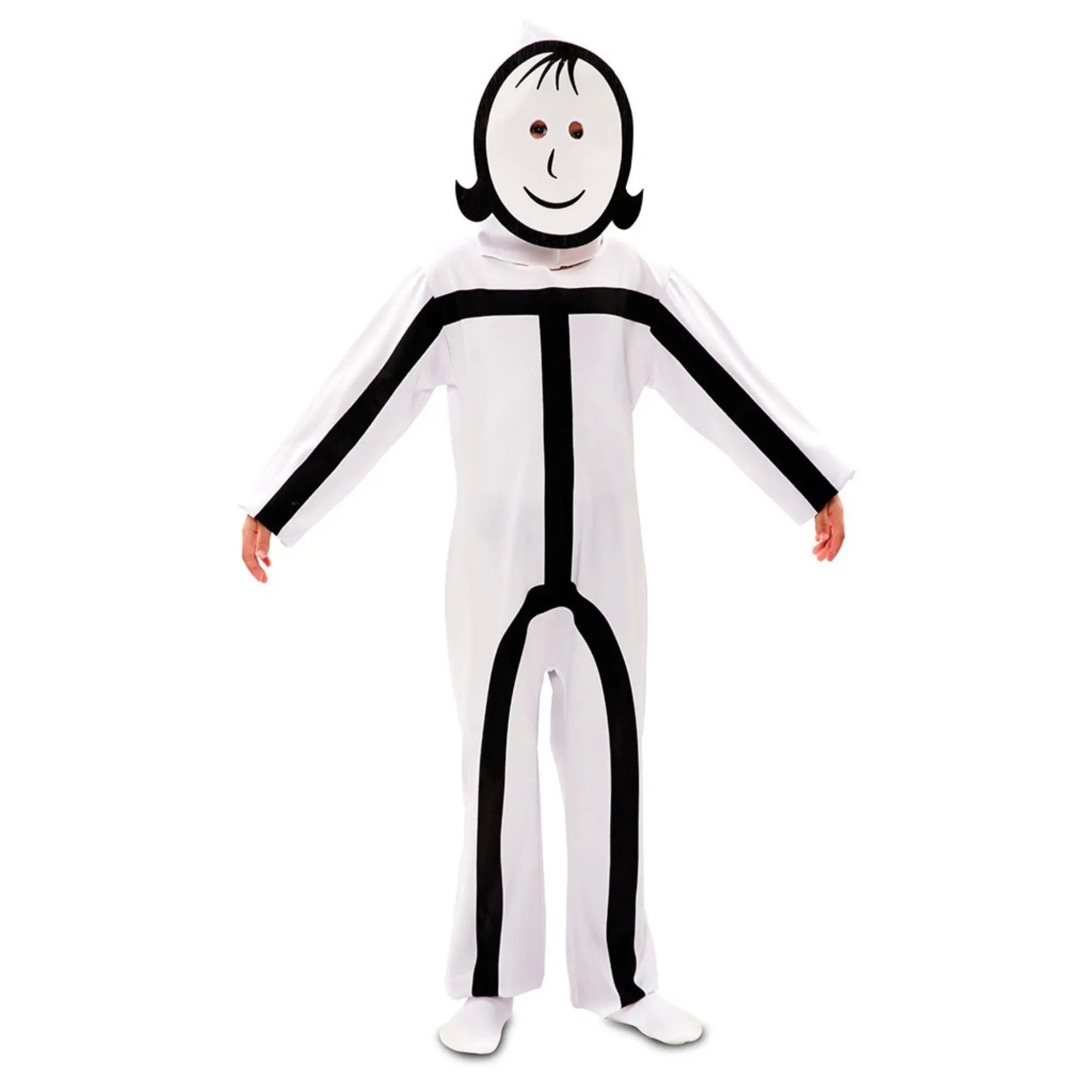 Disfraz stickman infantil con mono estampado y dos máscaras de niño y niña ideal para Carnaval y fiestas escolares