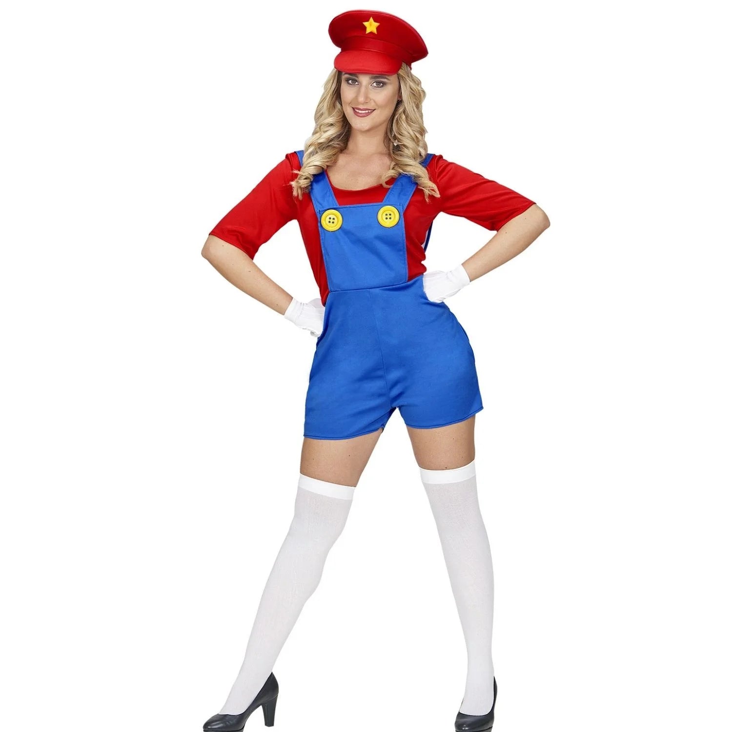 Disfraz Super Fontanero para mujer con mono azul y sombrero rojo
