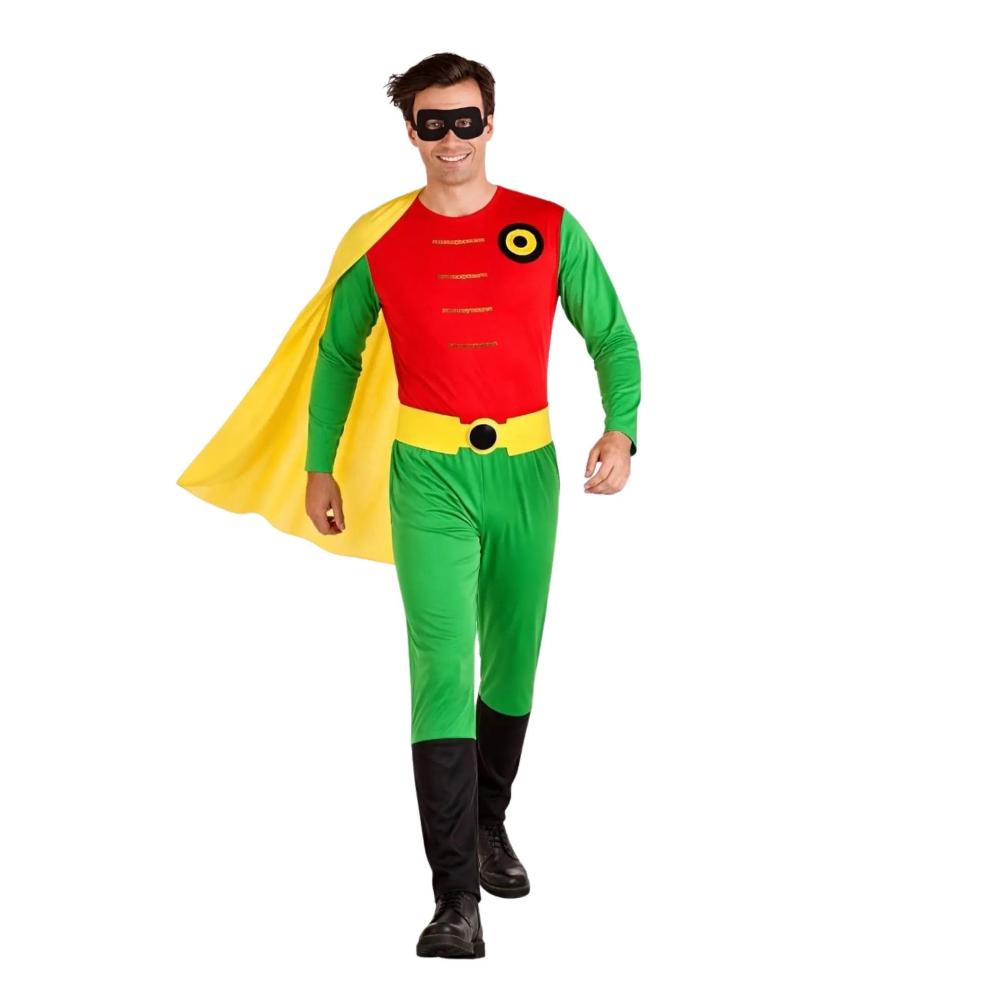 Disfraz de Robin para adulto con mono rojo y verde, capa amarilla y cinturón de superhéroe