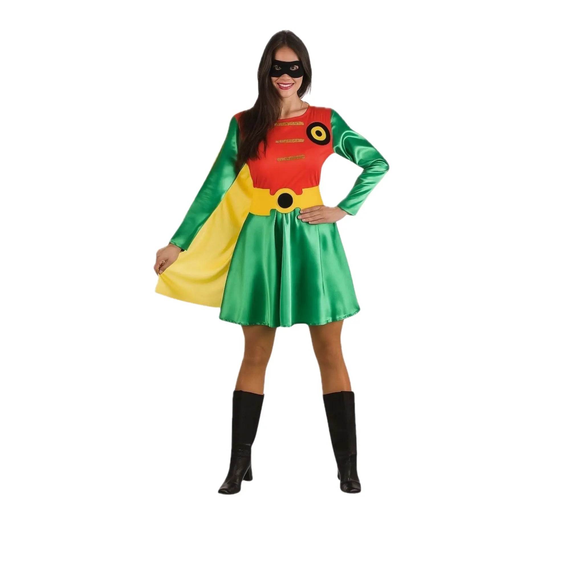 Disfraz de Robin para mujer con vestido rojo y verde, capa amarilla y cinturón de superheroína