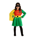 Disfraz Super Robina para niña con vestido rojo y verde, capa amarilla y cinturón de superheroína