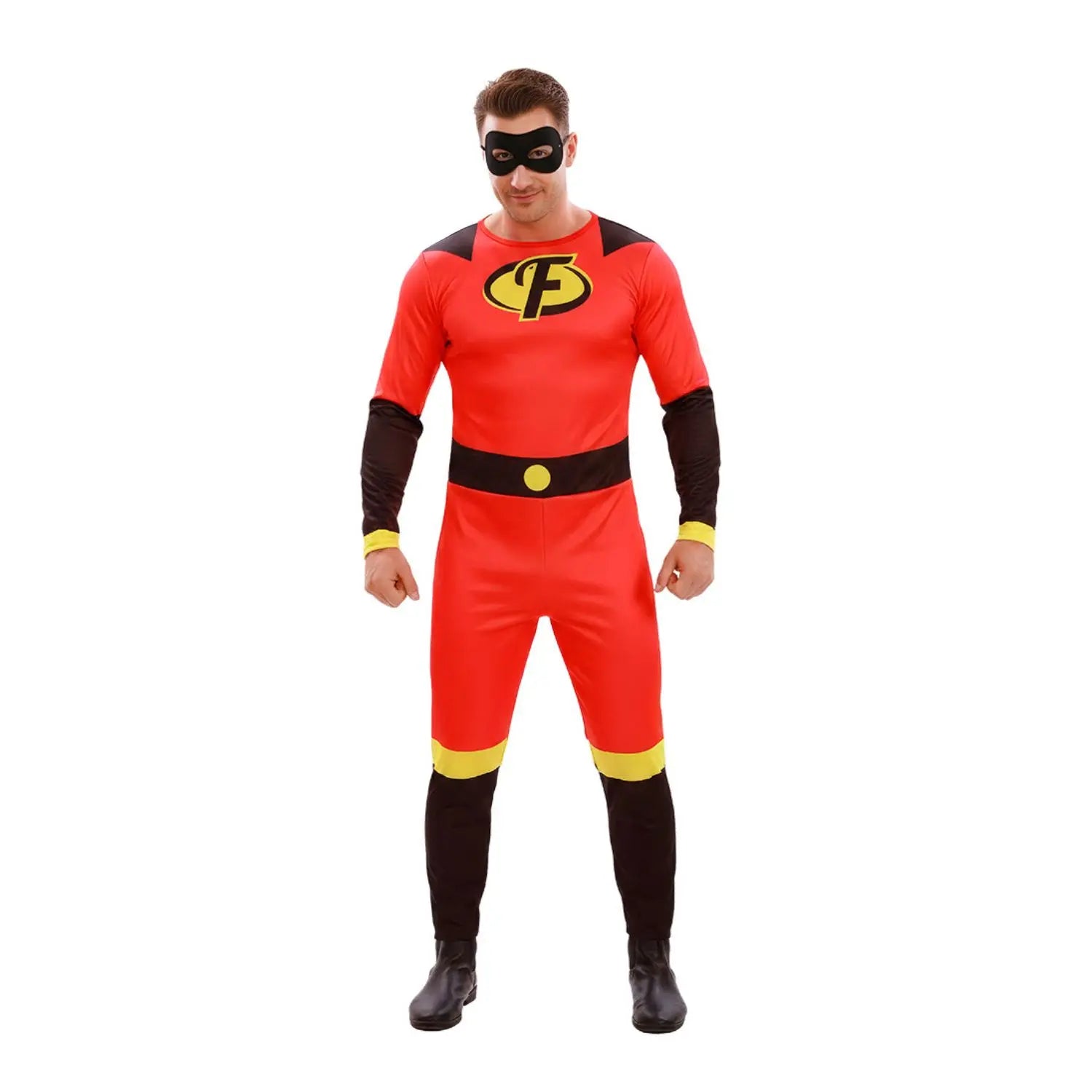 Disfraz de superhéroe para hombre con mono rojo y negro y antifaz negro