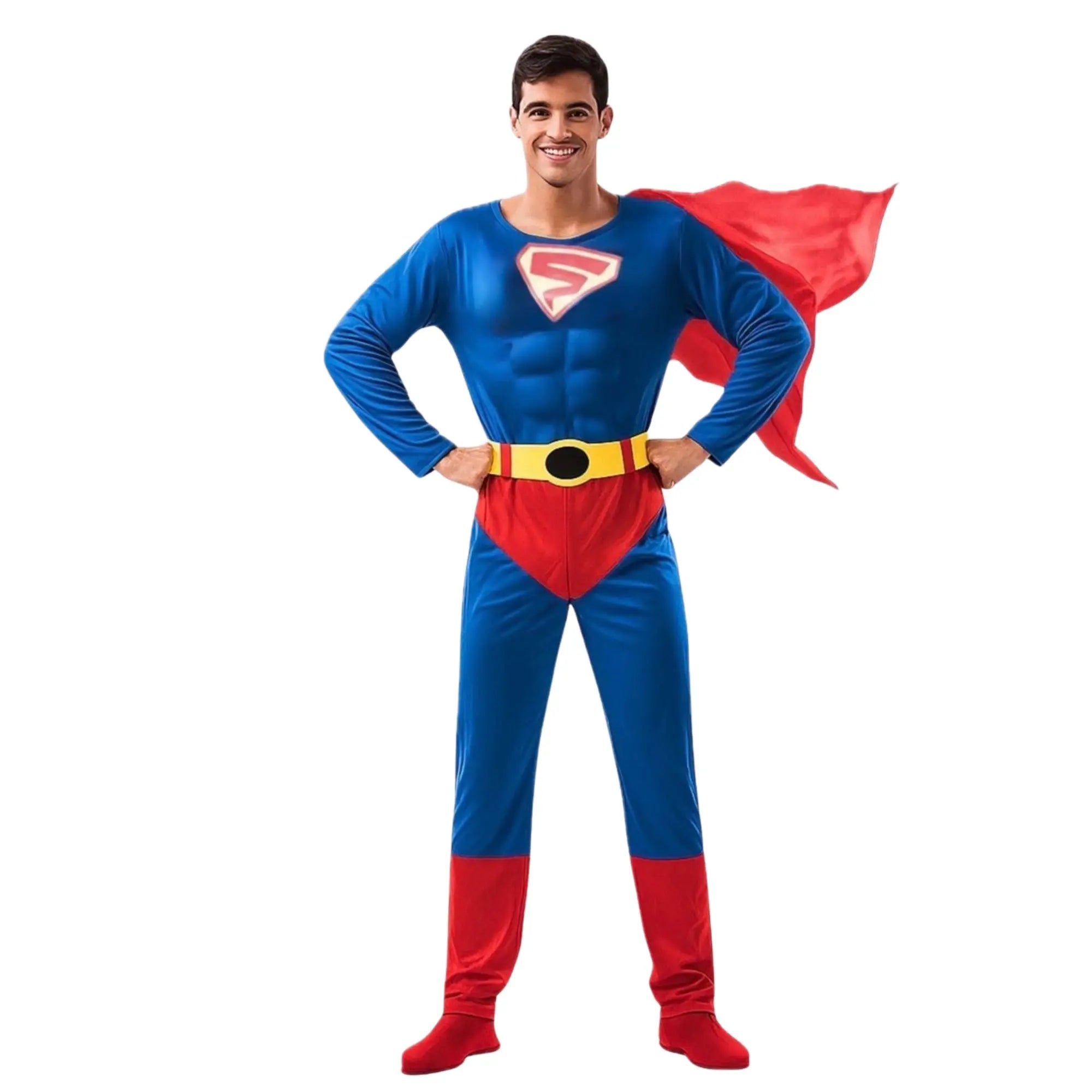 Disfraz de Superman adulto con mono azul y rojo musculado, capa roja y cinturón amarillo