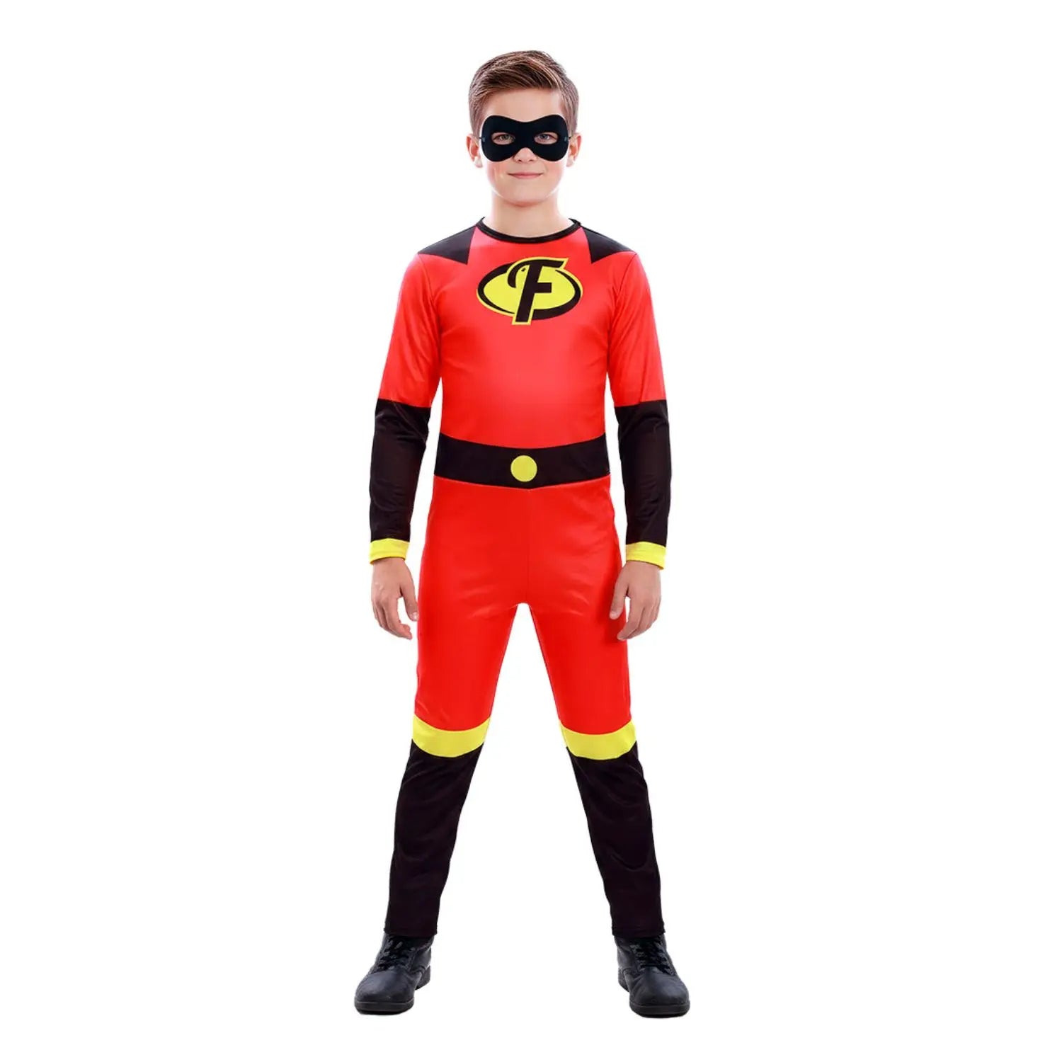 Disfraz de superhéroe infantil con mono rojo y negro y antifaz negro
