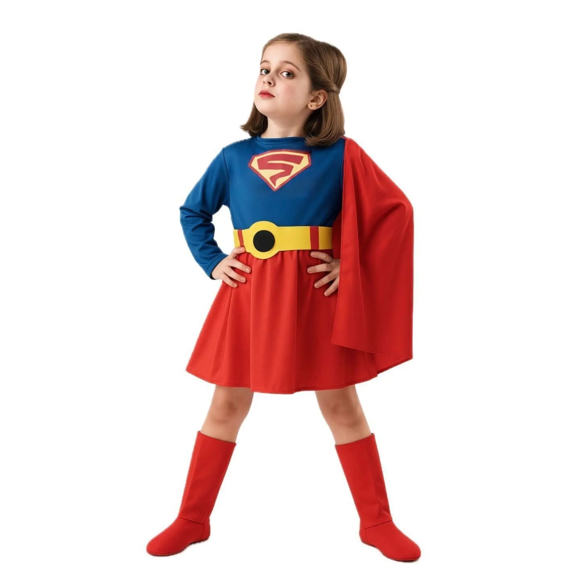 isfraz de Supergirl infantil con vestido azul y rojo, capa roja, cinturón amarillo y cubrebotas