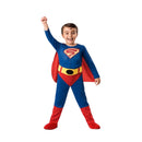Disfraz de Superboy infantil con mono azul y rojo, capa roja y cinturón amarillo
