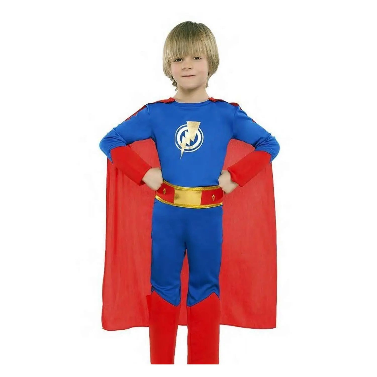 Disfraz de superhéroe para niño con mono, cinturón y capa colorida