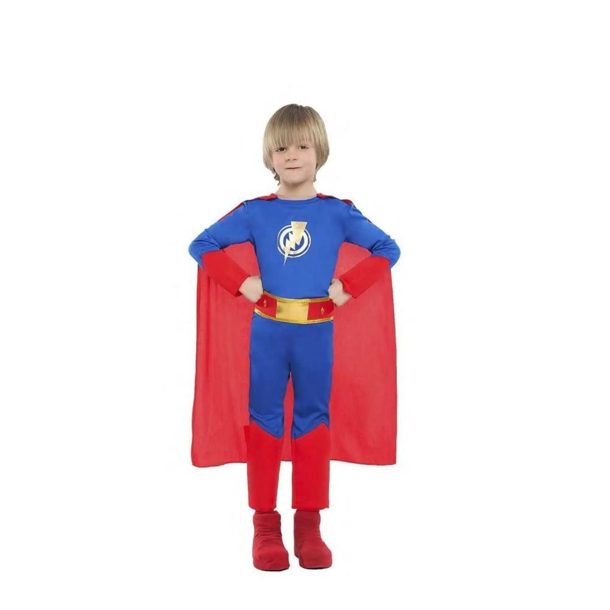 Disfraz de superhéroe para niño con mono, cinturón y capa colorida