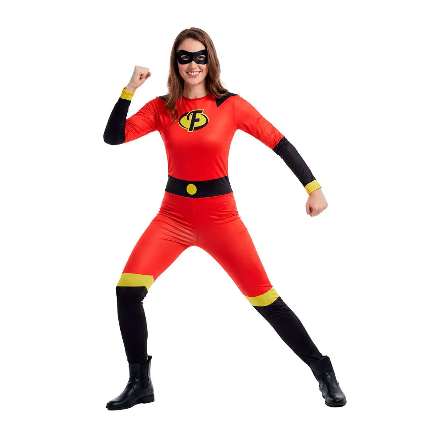 Disfraz de superheroína para mujer con mono rojo y negro y antifaz negro