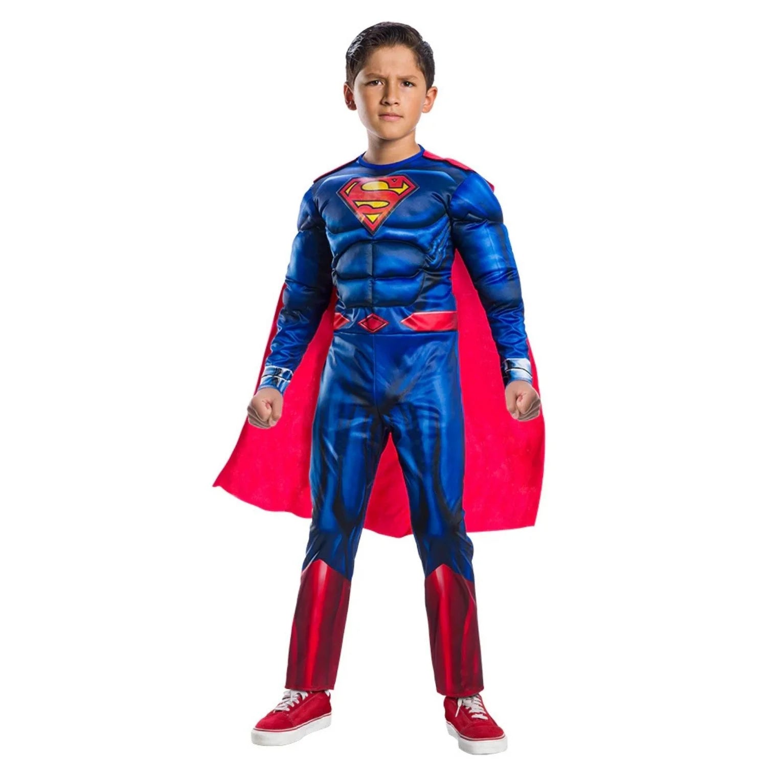 Niño con disfraz oficial de Superman Infantil con traje acolchado azul y rojo y capa roja