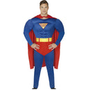 Disfraz de Superman musculoso para hombre con mono azul, capa roja y cinturón en estilo superhéroe