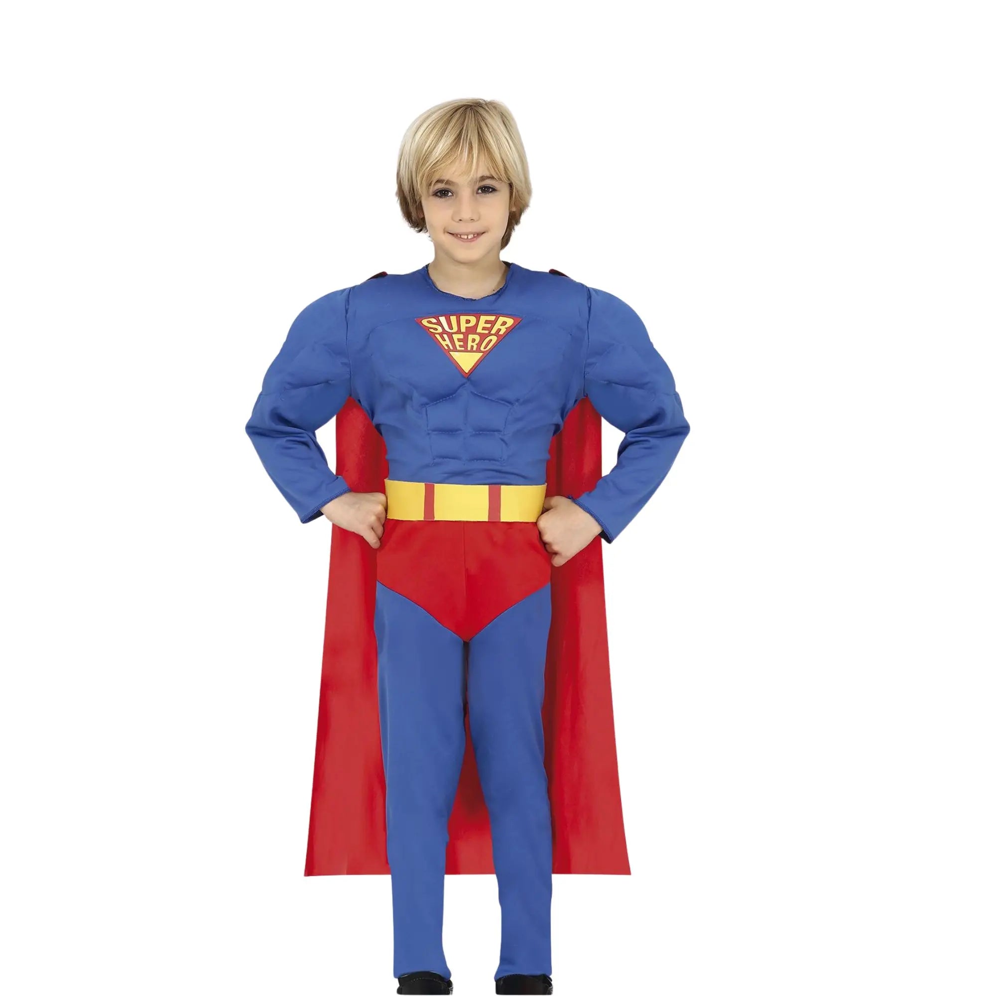 Disfraz de súper héroe musculoso para niño con traje, cinturón y capa ideal para Carnaval y fiestas