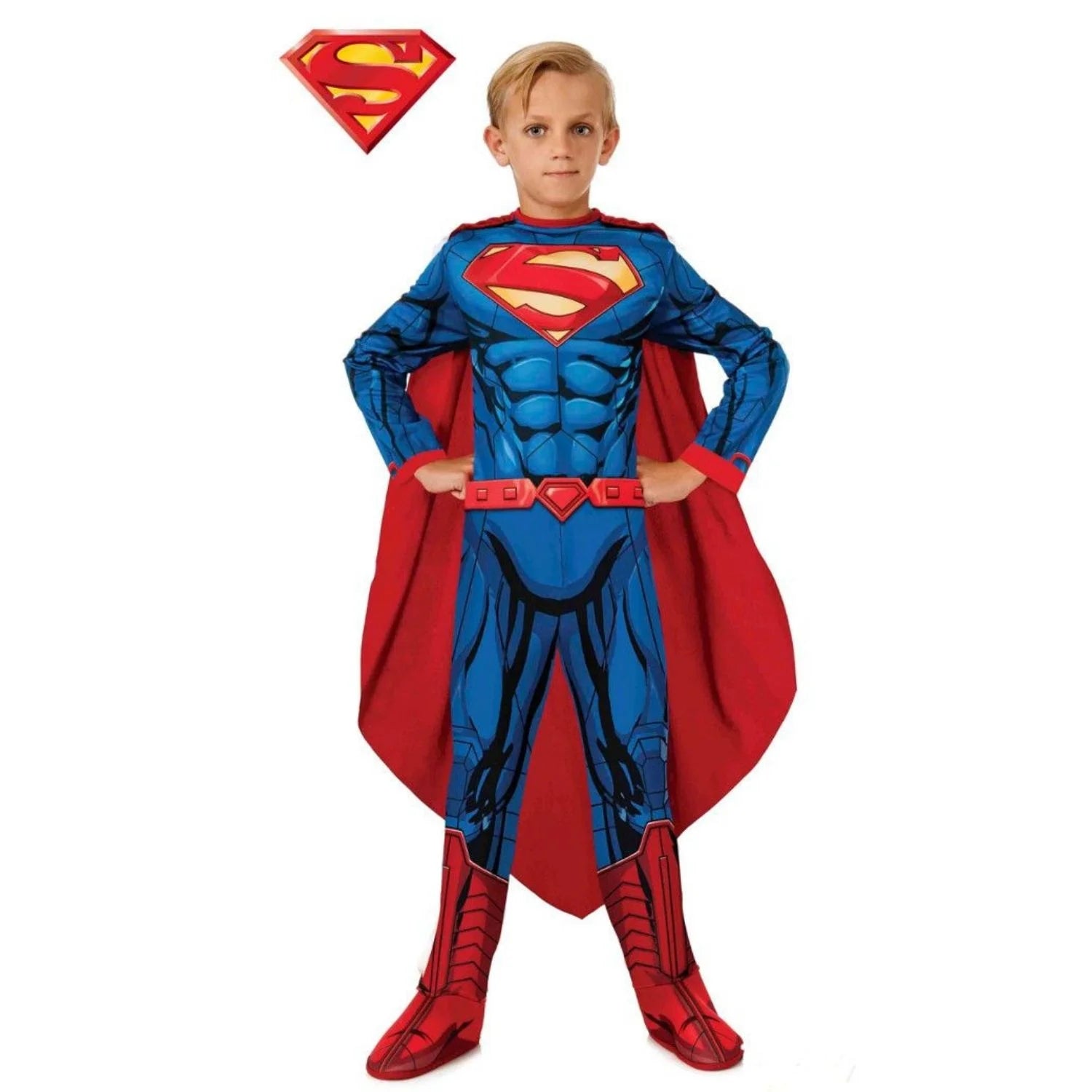 Disfraz de Superman para niño con traje azul, capa roja y cubrebotas