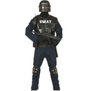 Disfraz SWAT para adulto con chaleco, mono negro, pasamontañas y rodilleras estilo policía especial