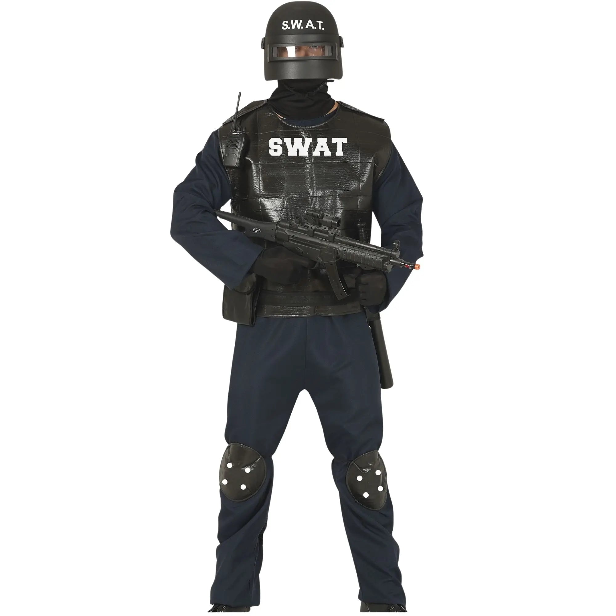 Disfraz SWAT para adulto con chaleco, mono negro, pasamontañas y rodilleras estilo policía especial