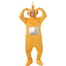 Adulto con disfraz amarillo de Teletubbie Laa-Laa con mono entero y gorro con antena ondulada