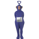 Adulto con disfraz morado de Teletubbie Tinky Winky con mono entero y gorro con antena triangular