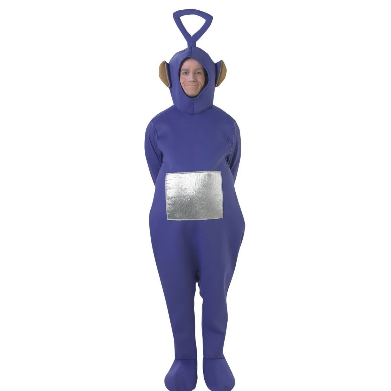 Adulto con disfraz morado de Teletubbie Tinky Winky con mono entero y gorro con antena triangular