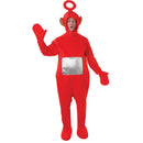 Adulto con disfraz rojo de Teletubbie Po con mono entero y gorro con antena circular