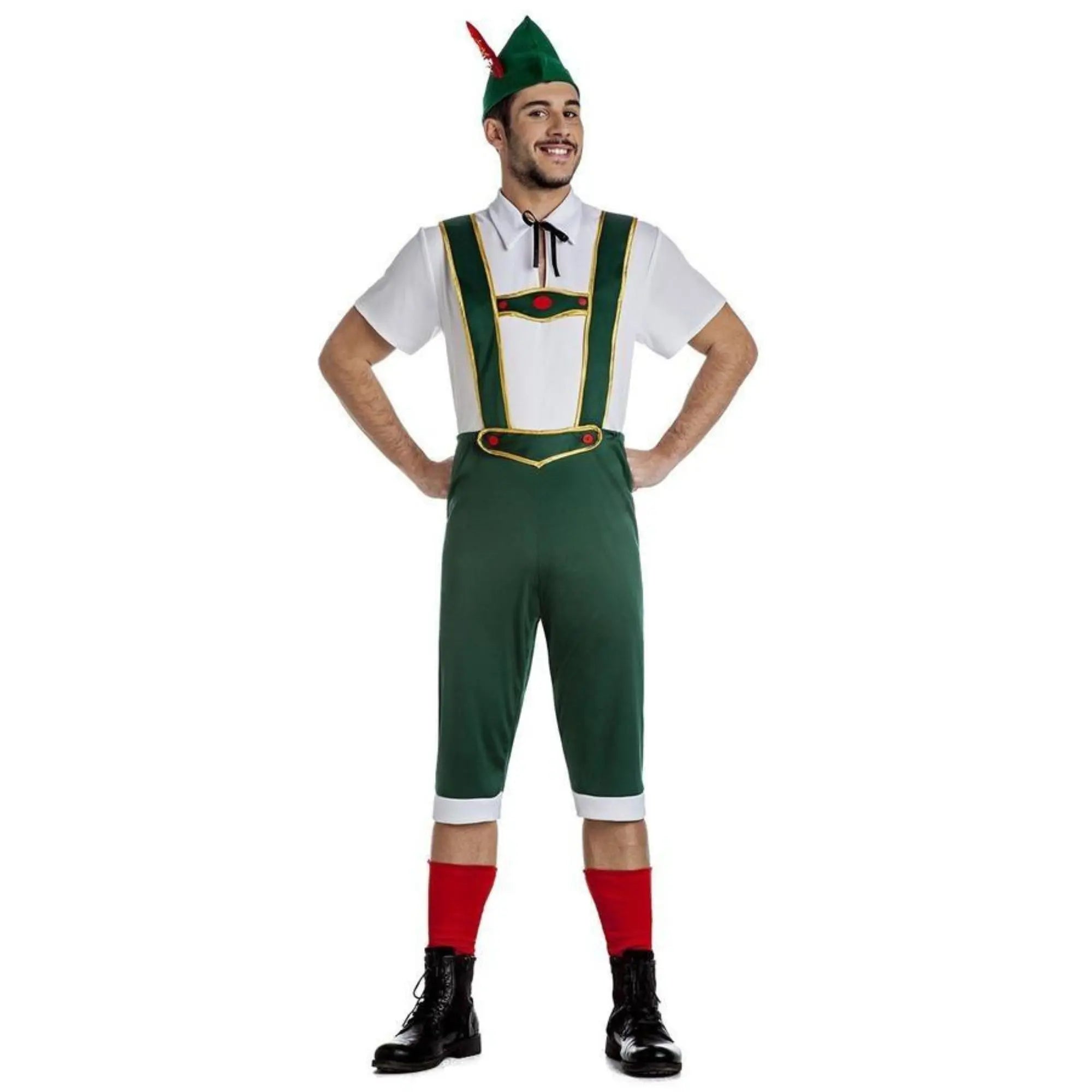 Disfraz de tirolés para hombre con camisa, pantalón con tirantes y sombrero con pluma
