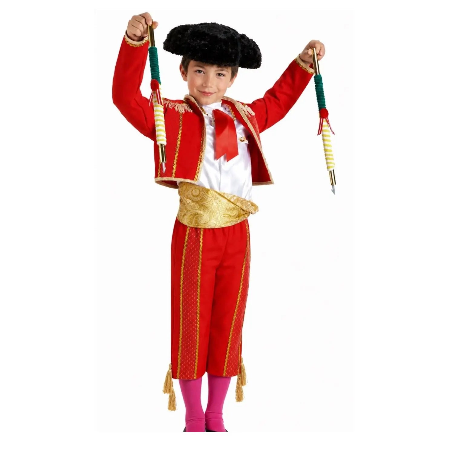Niño con disfraz de torero compuesto por pantalón, camisa, chaqueta, fajín y montera