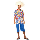 Disfraz Turista Hawaiano para hombre con camisa tropical, pantalón azul y sombrero