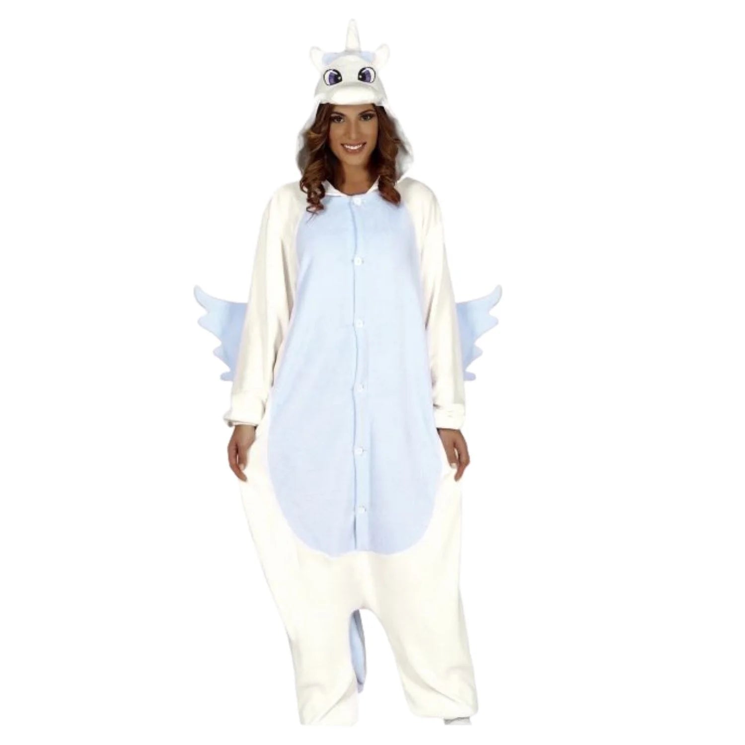 Disfraz Unicornio azul adulto con alas, capucha y cola