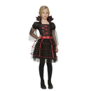 Disfraz de Vampira Damisela para niña con vestido negro y rojo