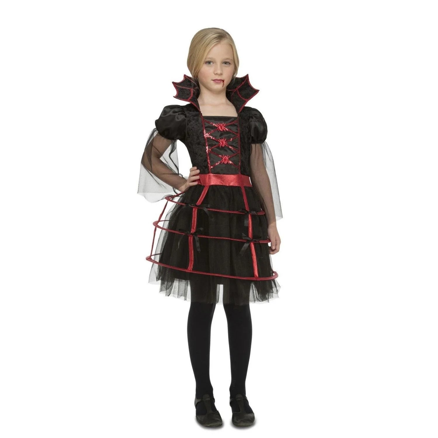 Disfraz de Vampira Damisela para niña con vestido negro y rojo