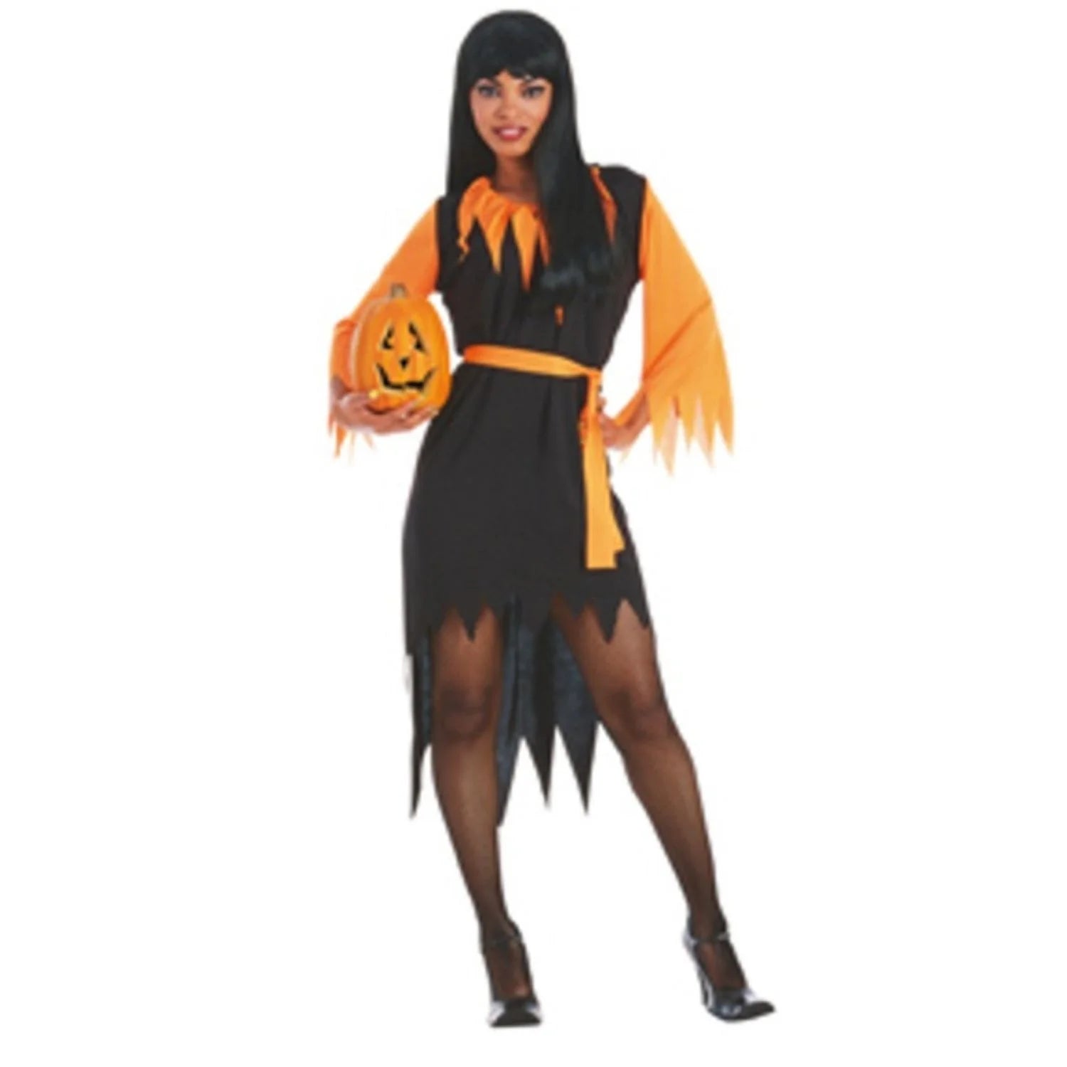 Disfraz vampiresa calabaza mujer negro y naranja con vestido y cinturón